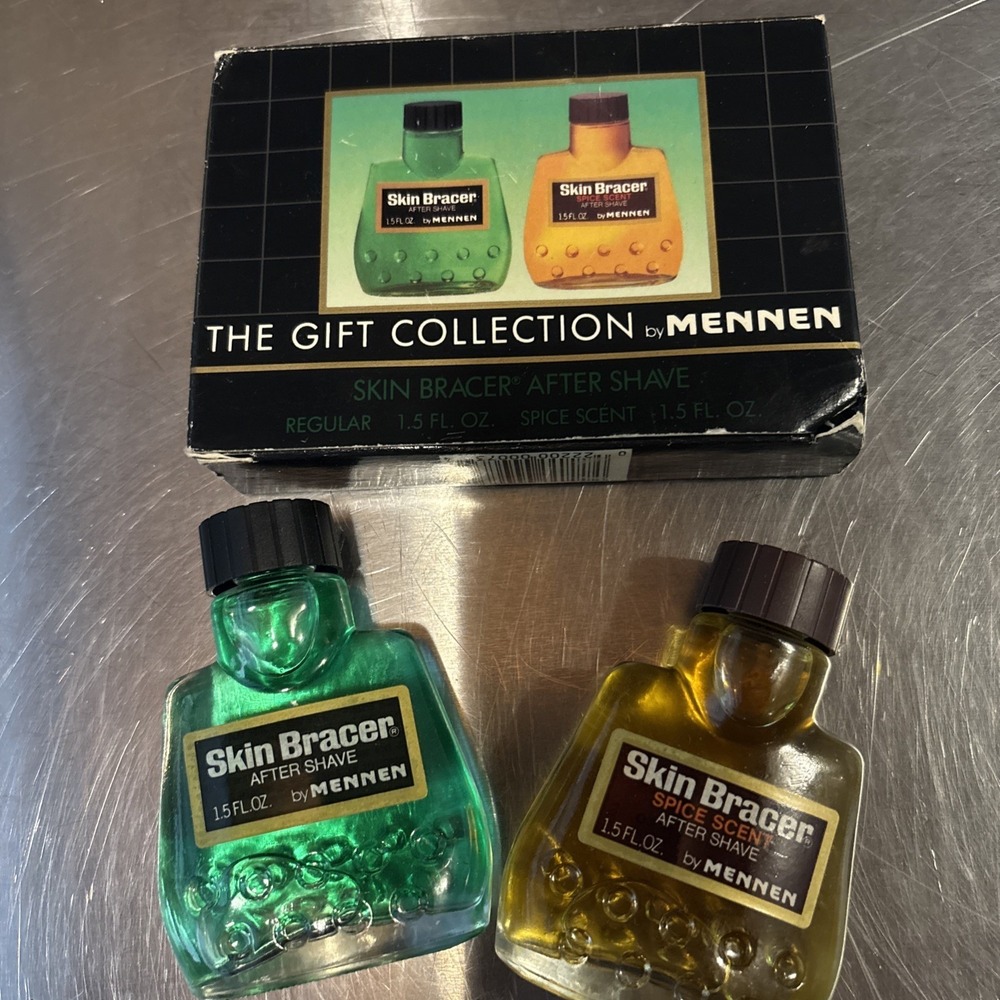 Skin Brace Regular & Spice After Shave Gift Set by Mennen 1.5 oz  Glass Bottle